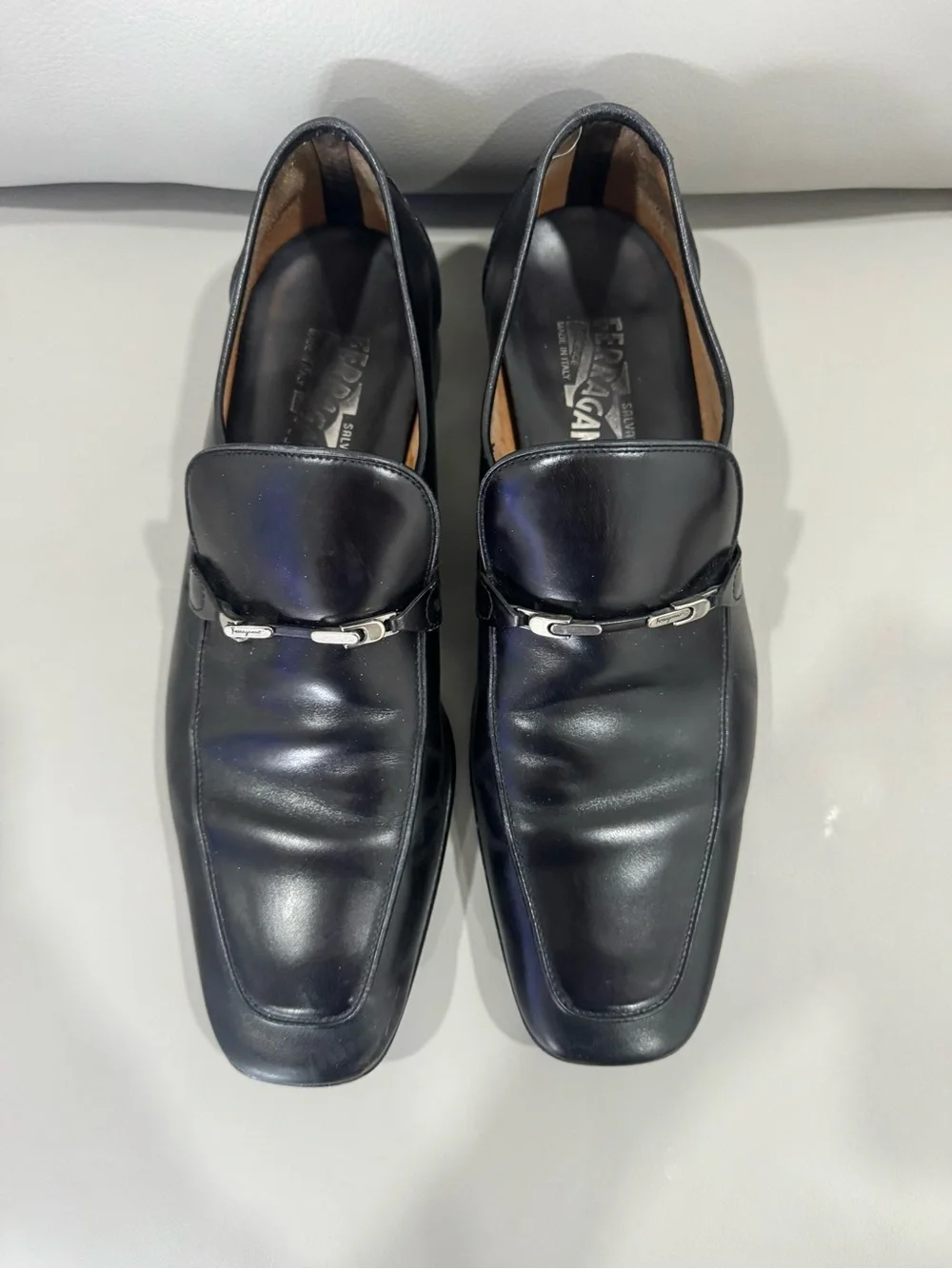 Salvatore Ferragamo Black Leather Slip-On Loafers with Silver Bit